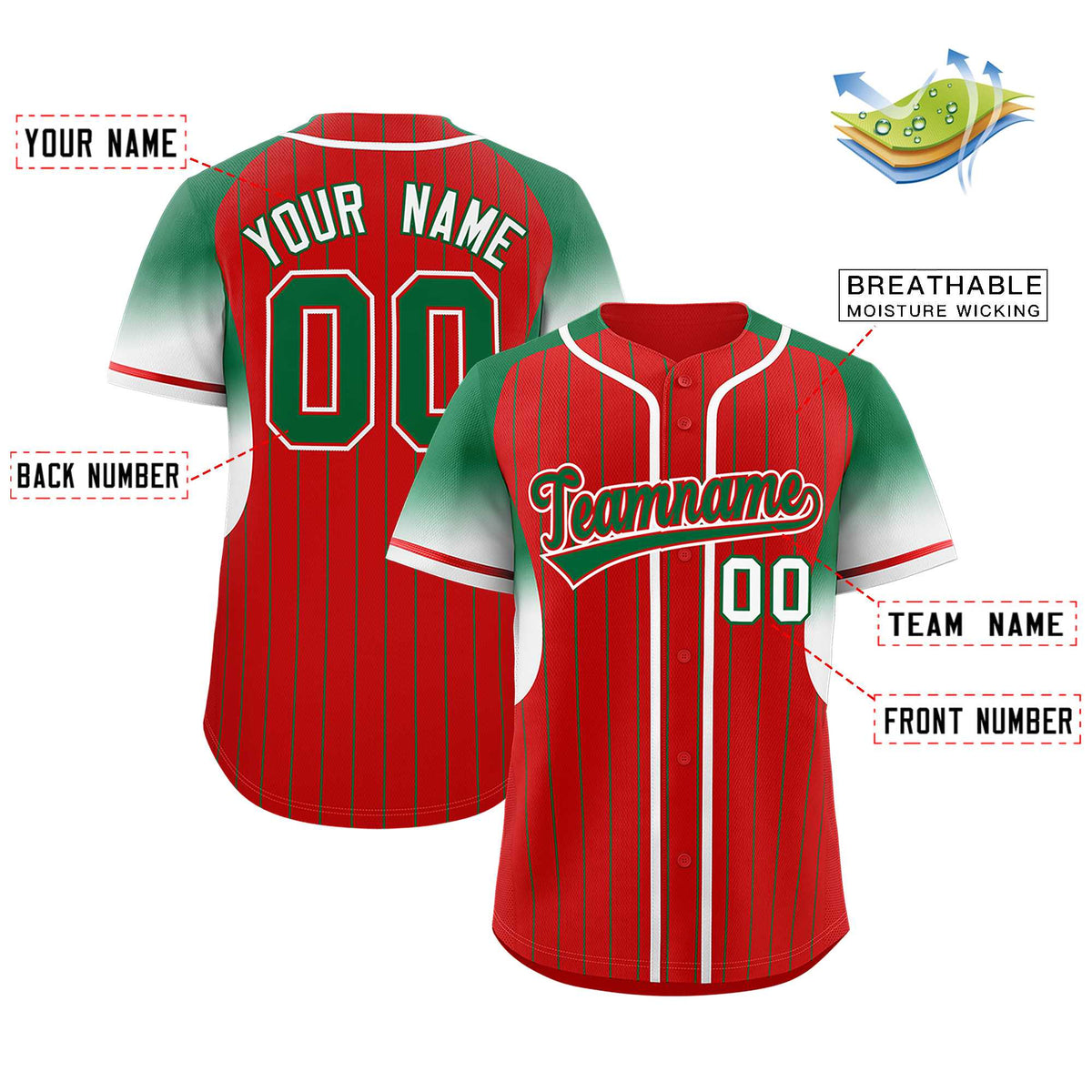 Custom Red Kelly Green Stripe Fashion Sleeves Gradient Authentic Baseball Jersey