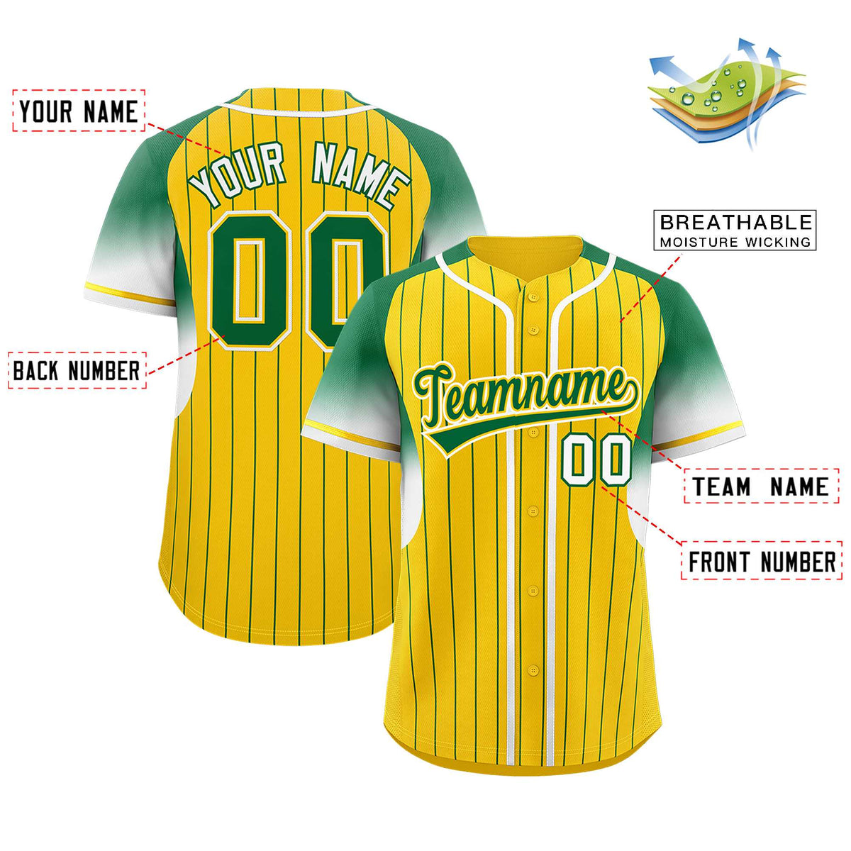 Custom Gold Kelly Green Stripe Fashion Sleeves Gradient Authentic Baseball Jersey