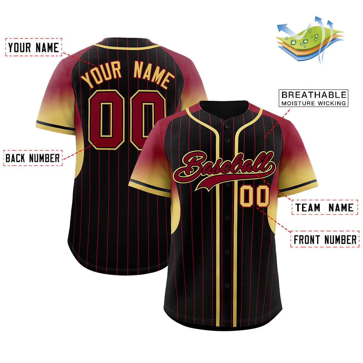 Custom Black Crimson Stripe Fashion Sleeves Gradient Authentic Baseball Jersey