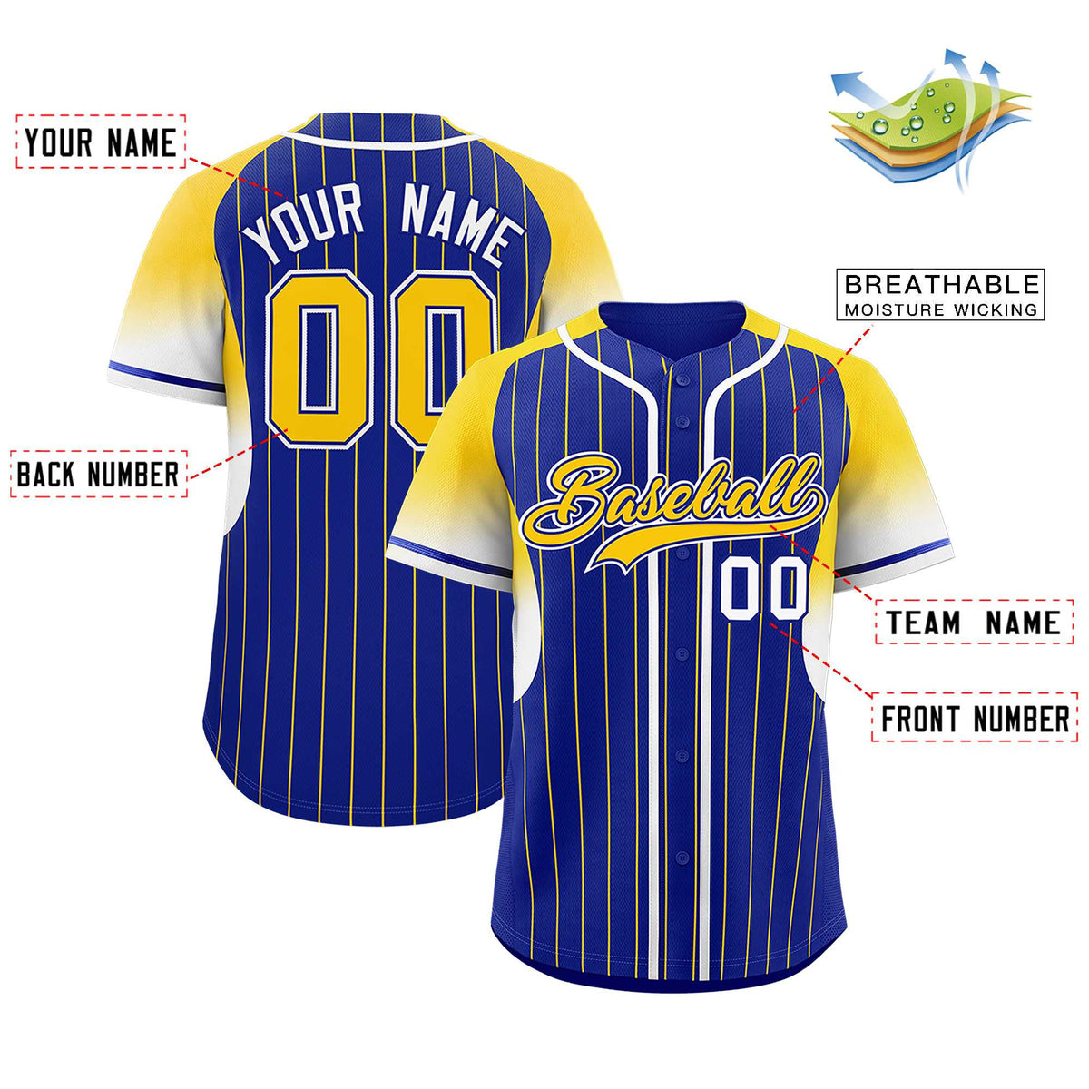 Custom Royal Gold Stripe Fashion Sleeves Gradient Authentic Baseball Jersey