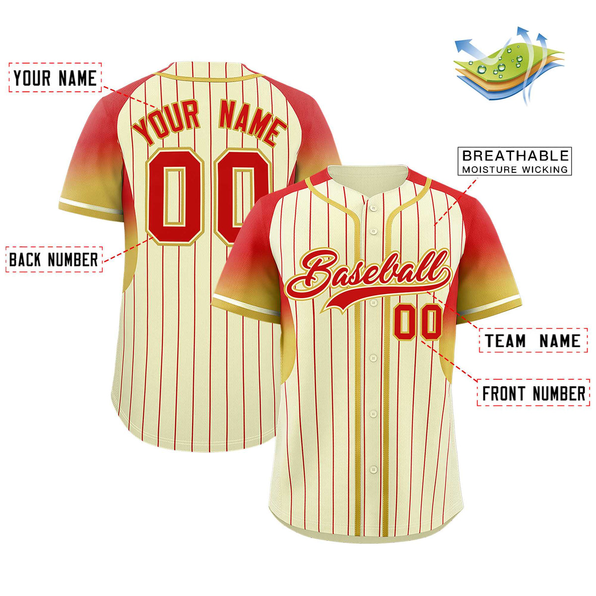 Custom Cream Red Stripe Fashion Sleeves Gradient Authentic Baseball Jersey