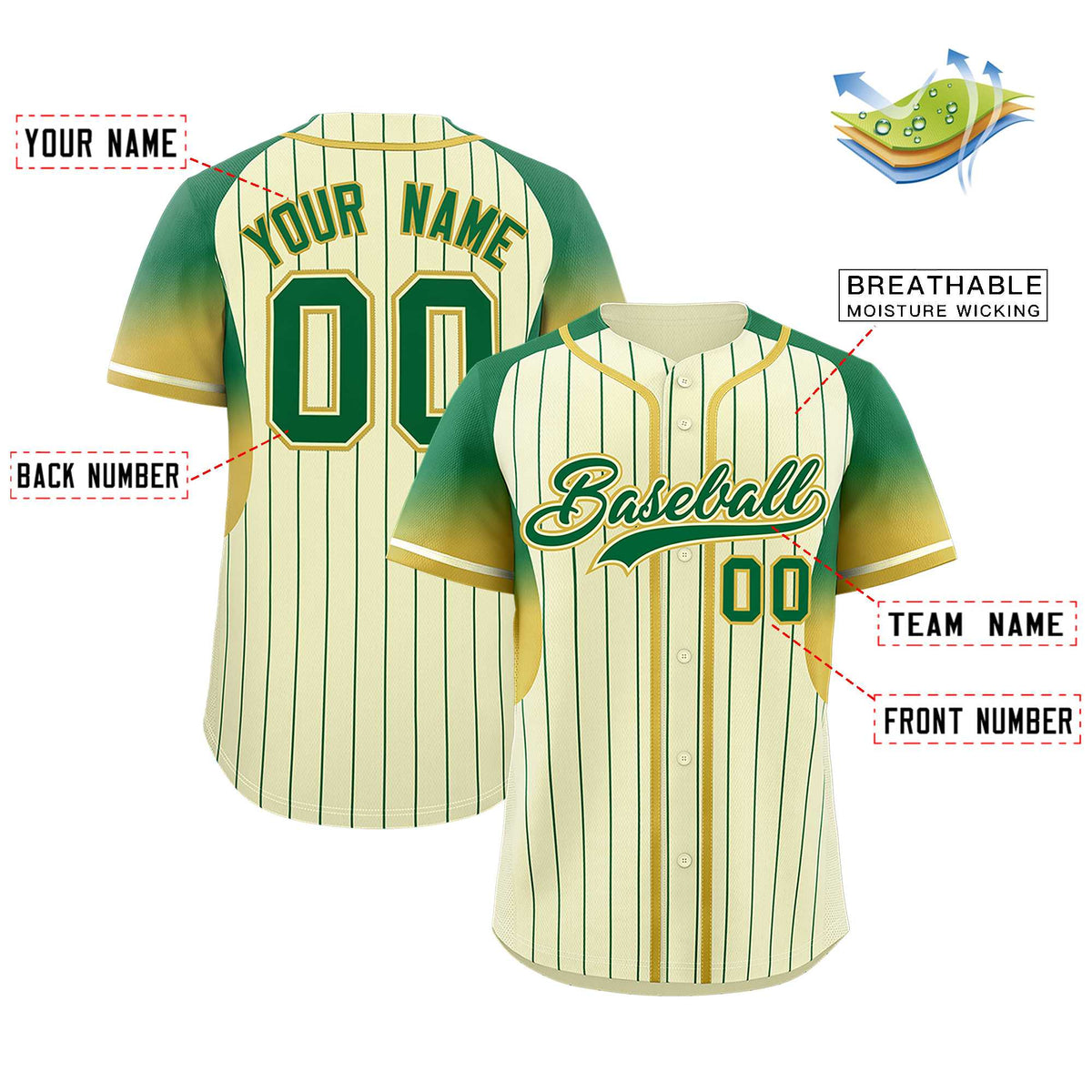 Custom Cream Kelly Green Stripe Fashion Sleeves Gradient Authentic Baseball Jersey