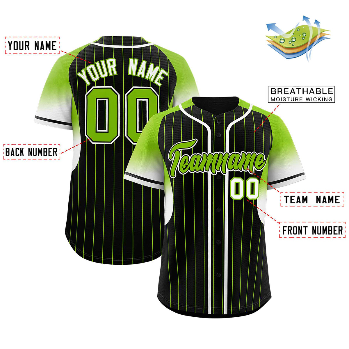 Custom Black Neon Green Stripe Fashion Sleeves Gradient Authentic Baseball Jersey