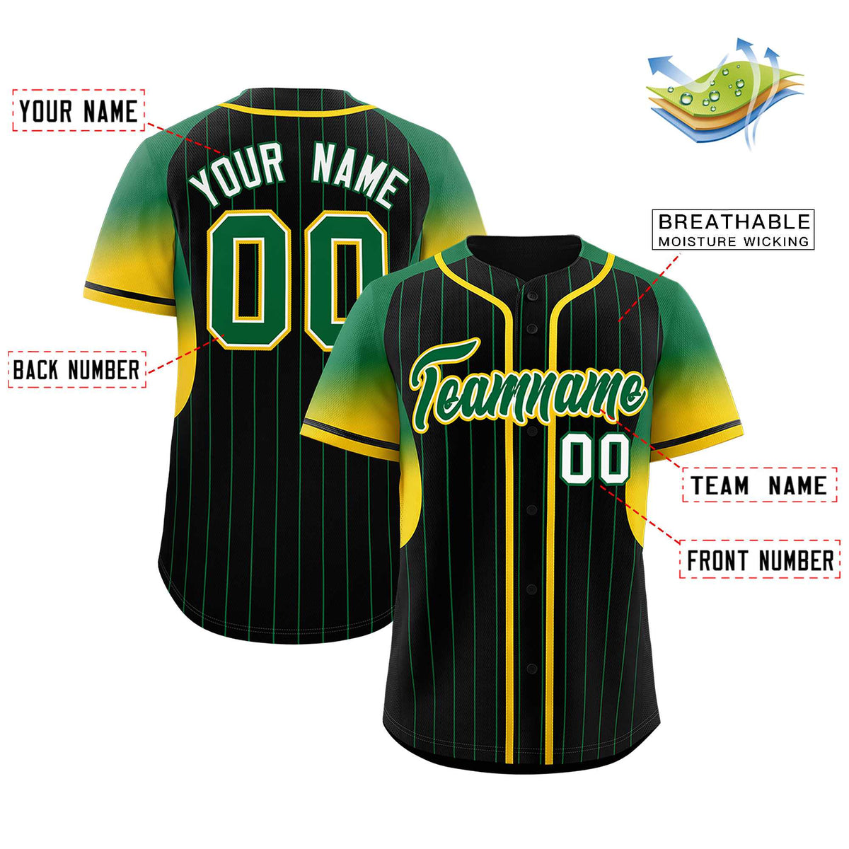 Custom Black Kelly Green Stripe Fashion Sleeves Gradient Authentic Baseball Jersey