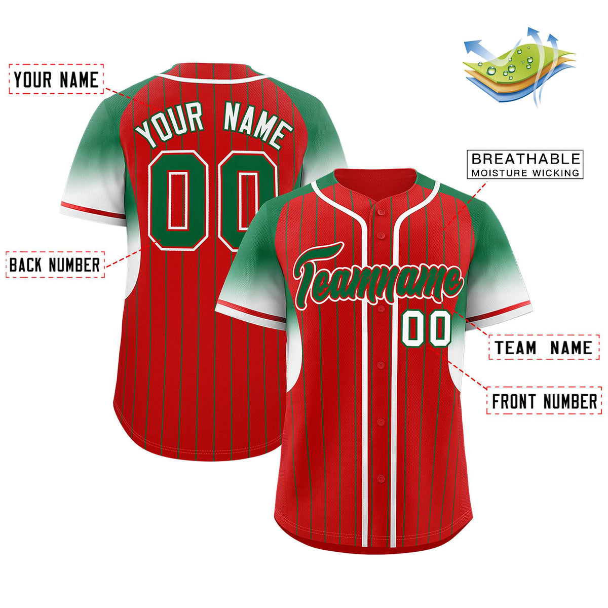 Custom Red Kelly Green Stripe Fashion Sleeves Gradient Authentic Baseball Jersey