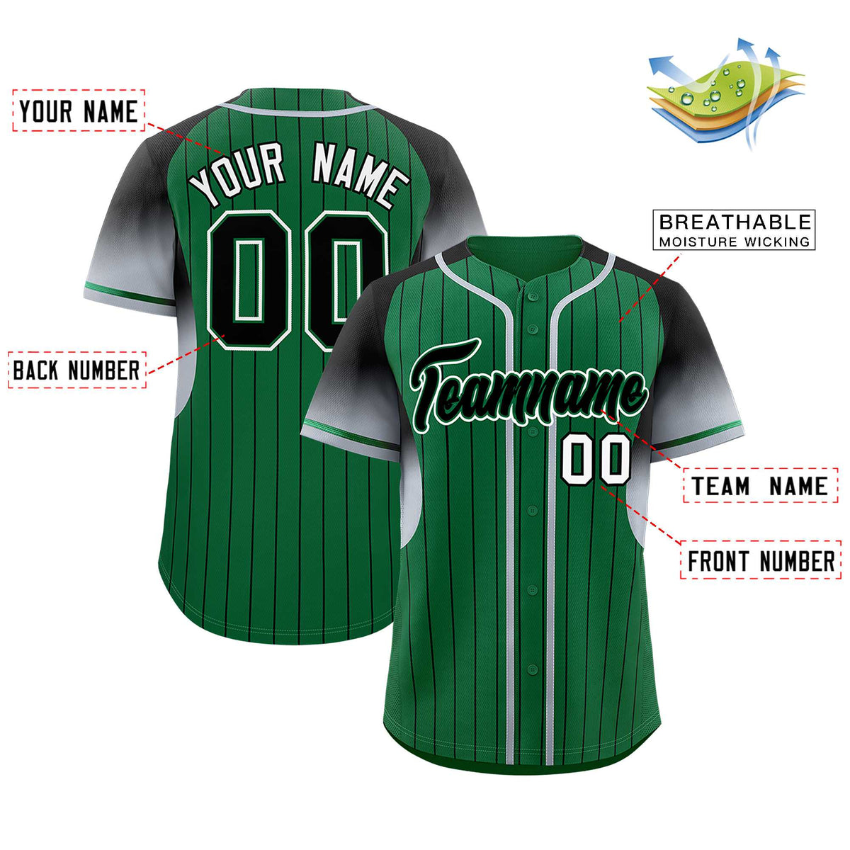 Custom Kelly Green Black Stripe Fashion Sleeves Gradient Authentic Baseball Jersey