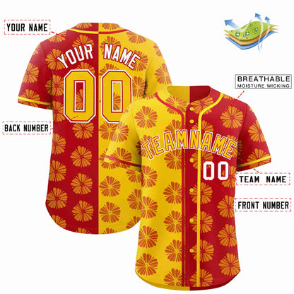Custom Gold Red Split Fashion Flower Graffiti Pattern Authentic Baseball Jersey
