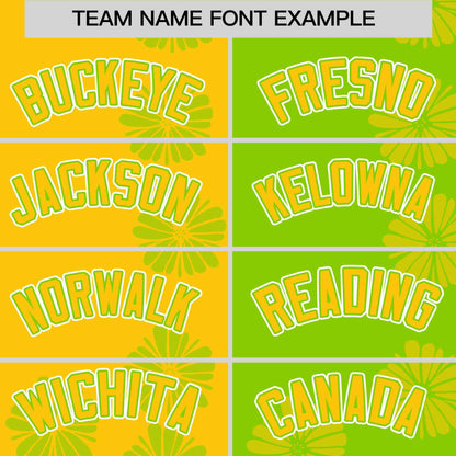 Custom Gold Neon Green Split Fashion Flower Graffiti Pattern Authentic Baseball Jersey