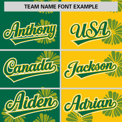 Custom Kelly Green Gold Split Fashion Flower Graffiti Pattern Authentic Baseball Jersey