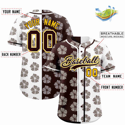 Custom Brown White Split Fashion Flower Graffiti Pattern Authentic Baseball Jersey