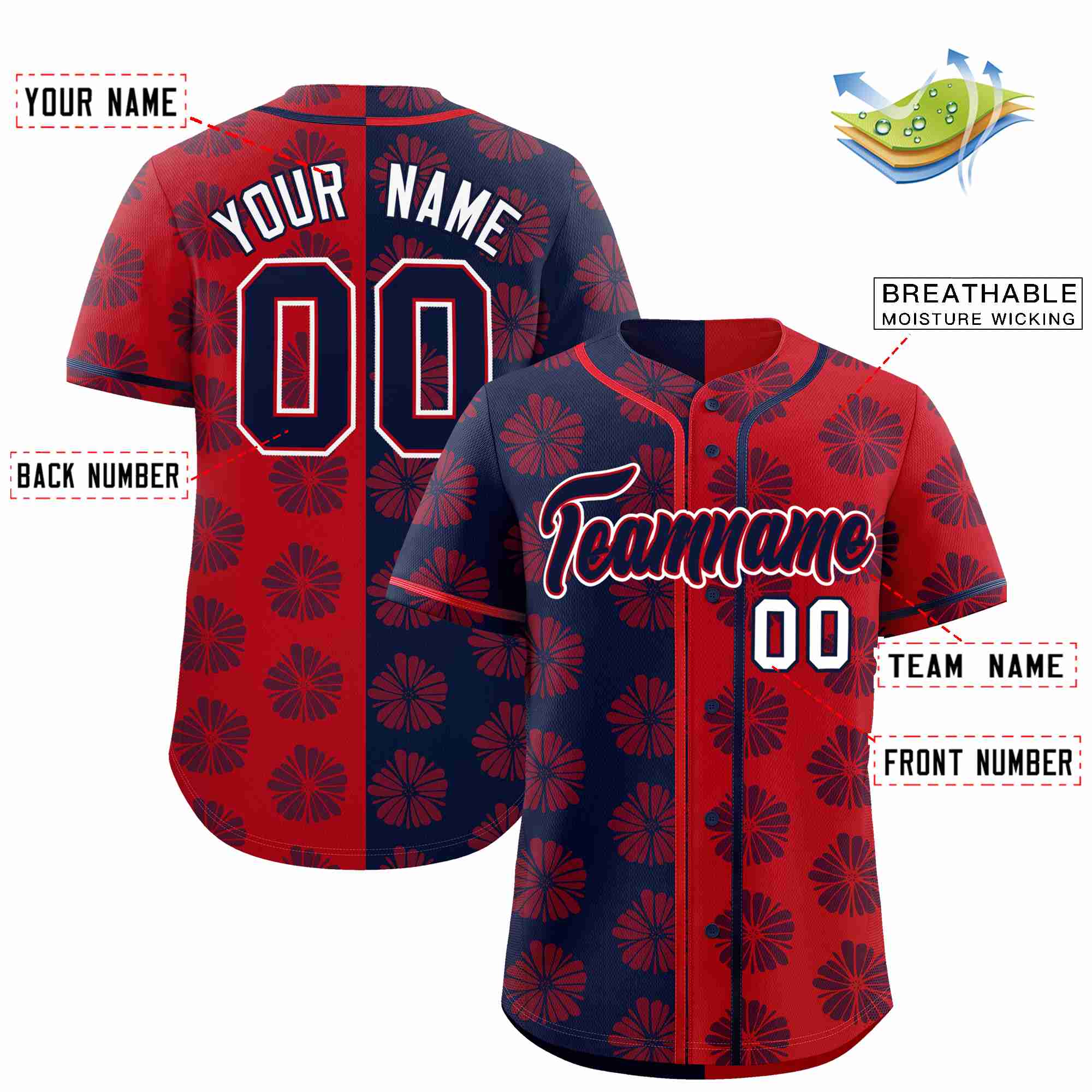 Custom Navy Red Split Fashion Flower Graffiti Pattern Authentic Baseball Jersey