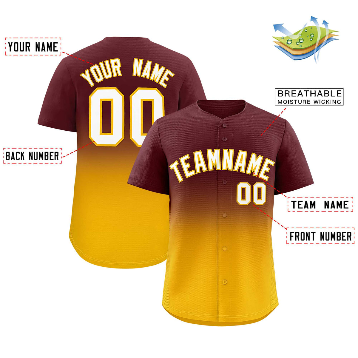 Custom Burgundy Yellow Gradient Fashion Authentic Baseball Jersey