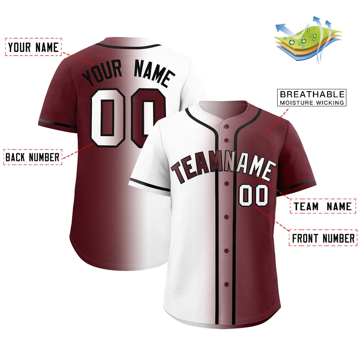 Custom White Burgundy Two Tone Gradient Fashion Authentic Baseball Jersey