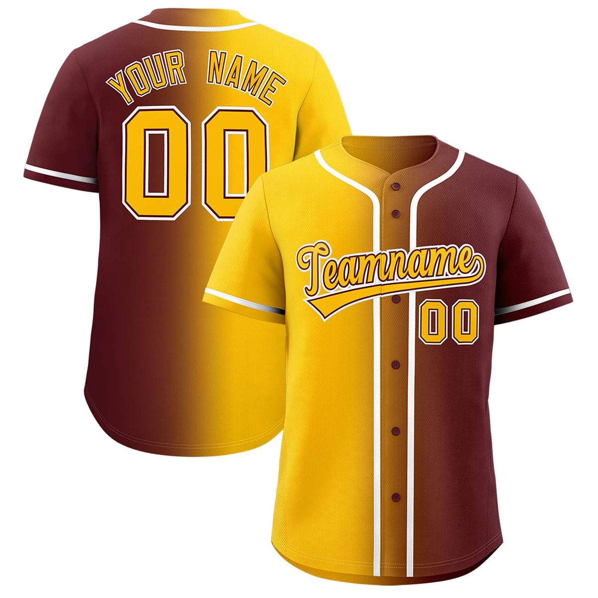 Custom Yellow Burgundy Two Tone Gradient Fashion Authentic Baseball Jersey