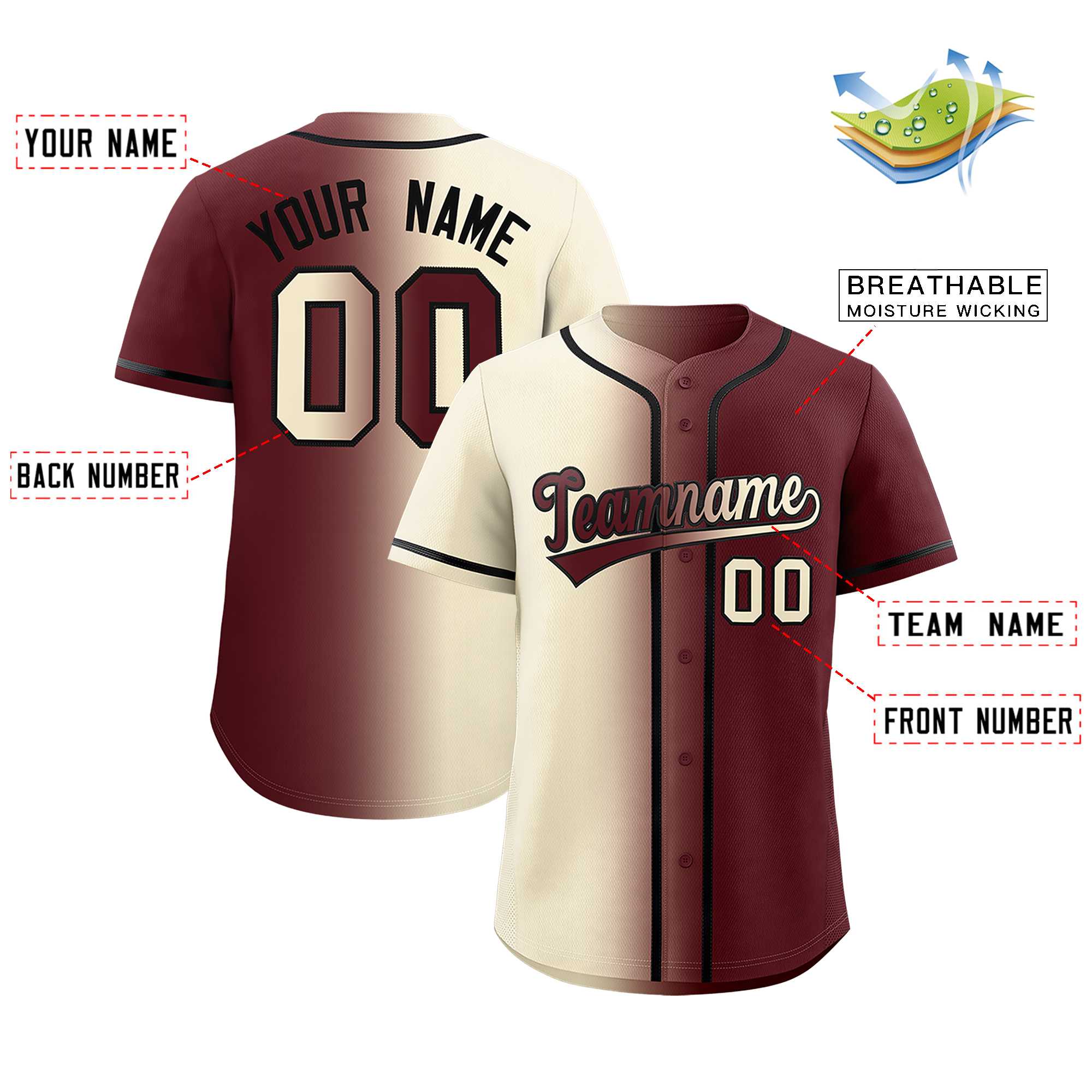 Custom Cream Burgundy Two Tone Gradient Fashion Authentic Baseball Jersey