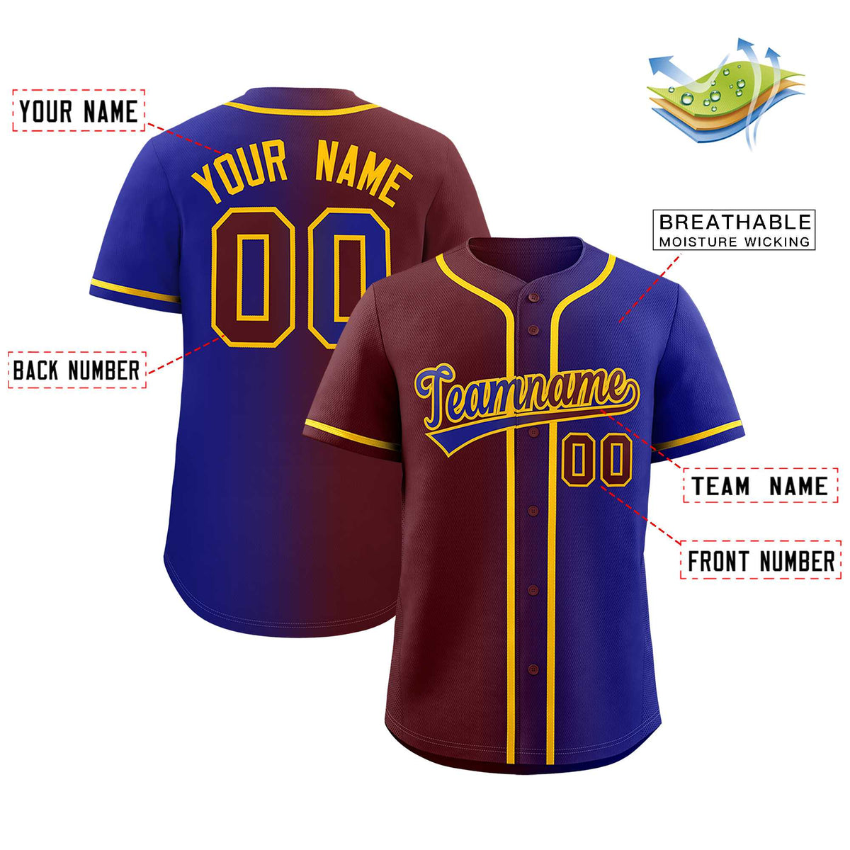 Custom Burgundy Royal Two Tone Gradient Fashion Authentic Baseball Jersey