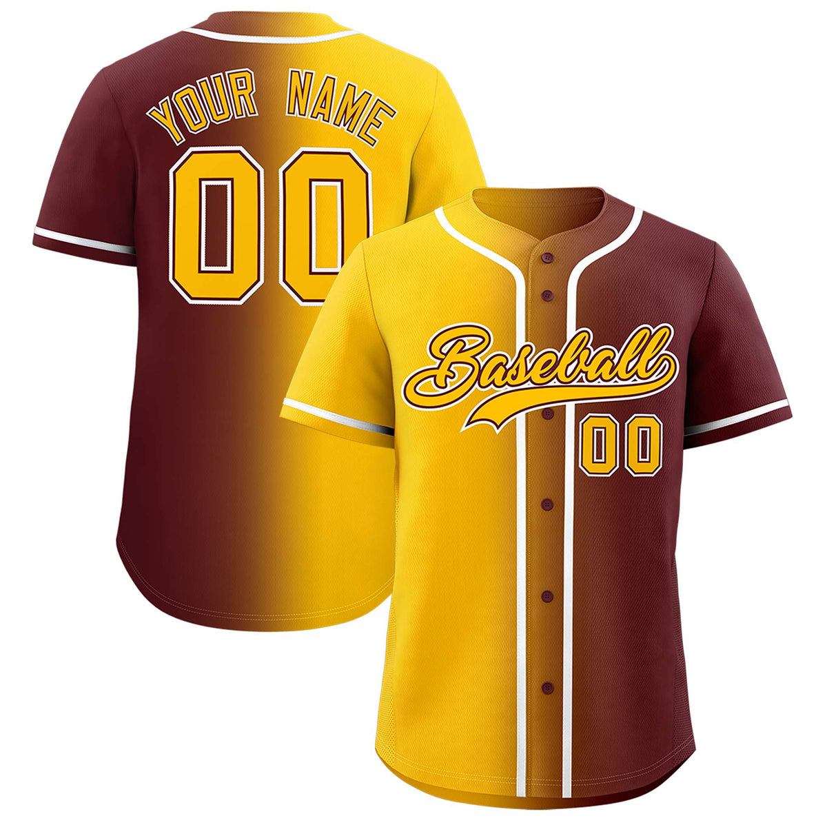 Custom Yellow Burgundy Two Tone Gradient Fashion Authentic Baseball Jersey