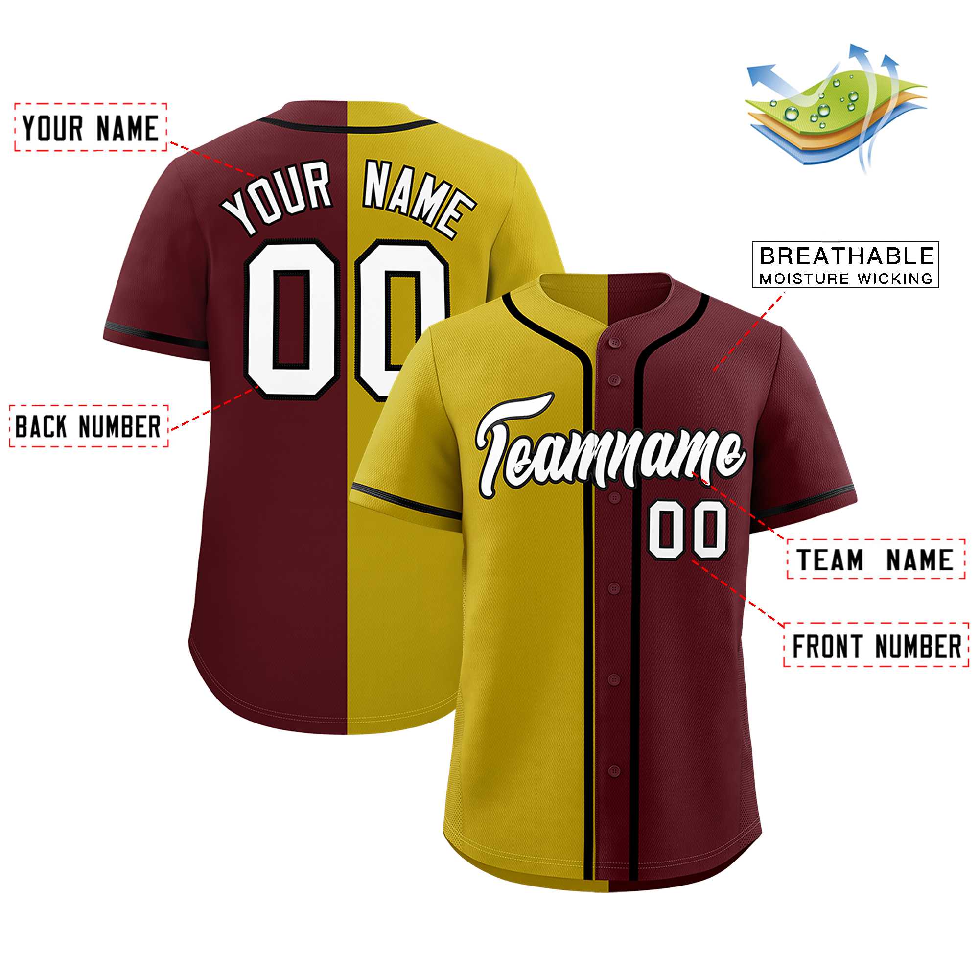 Custom Old Gold Burgundy Split Fashion Authentic Baseball Jersey