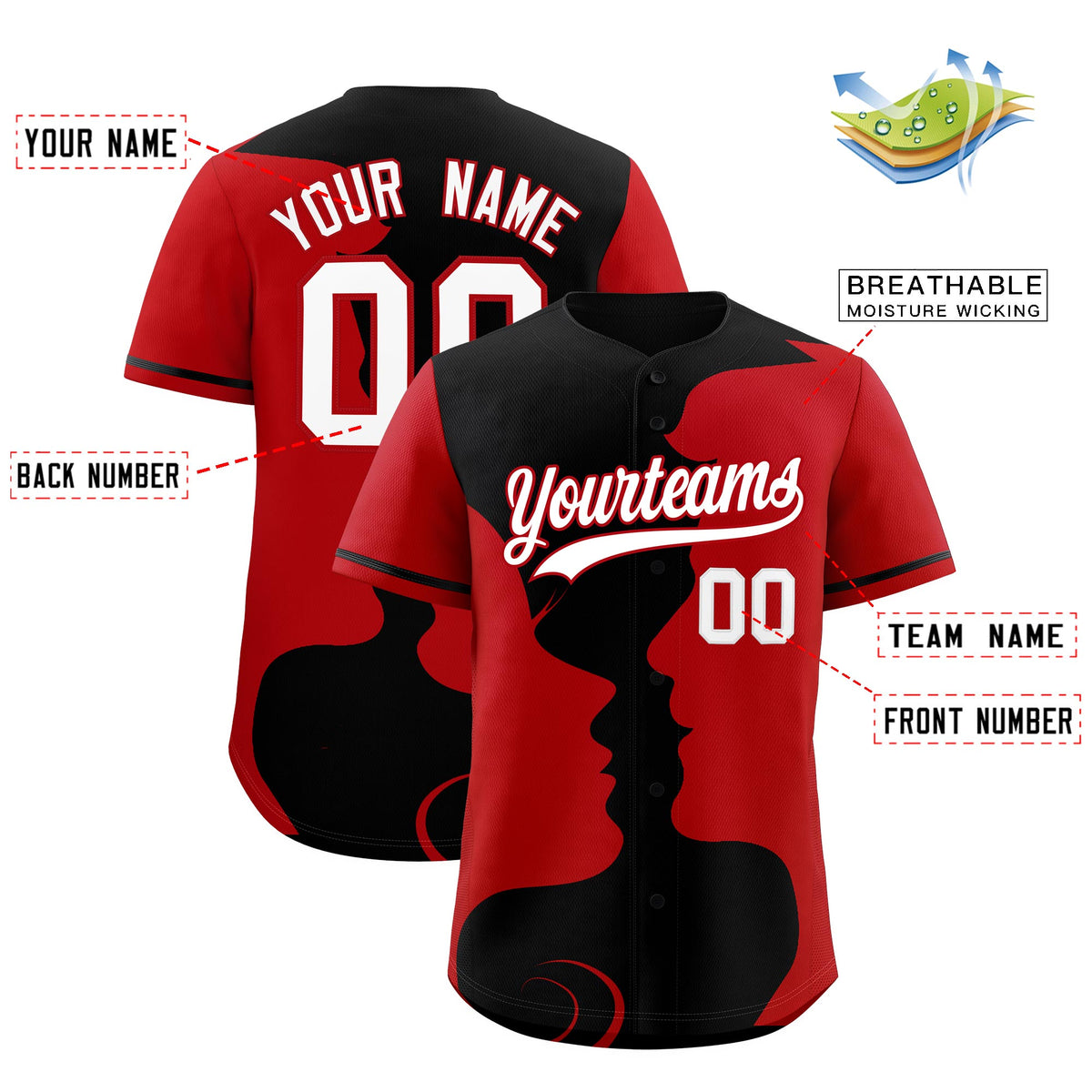 Custom Black Red Silhouettes of Loving Couple Valentine's Day Baseball Jersey| KXKSHOP
