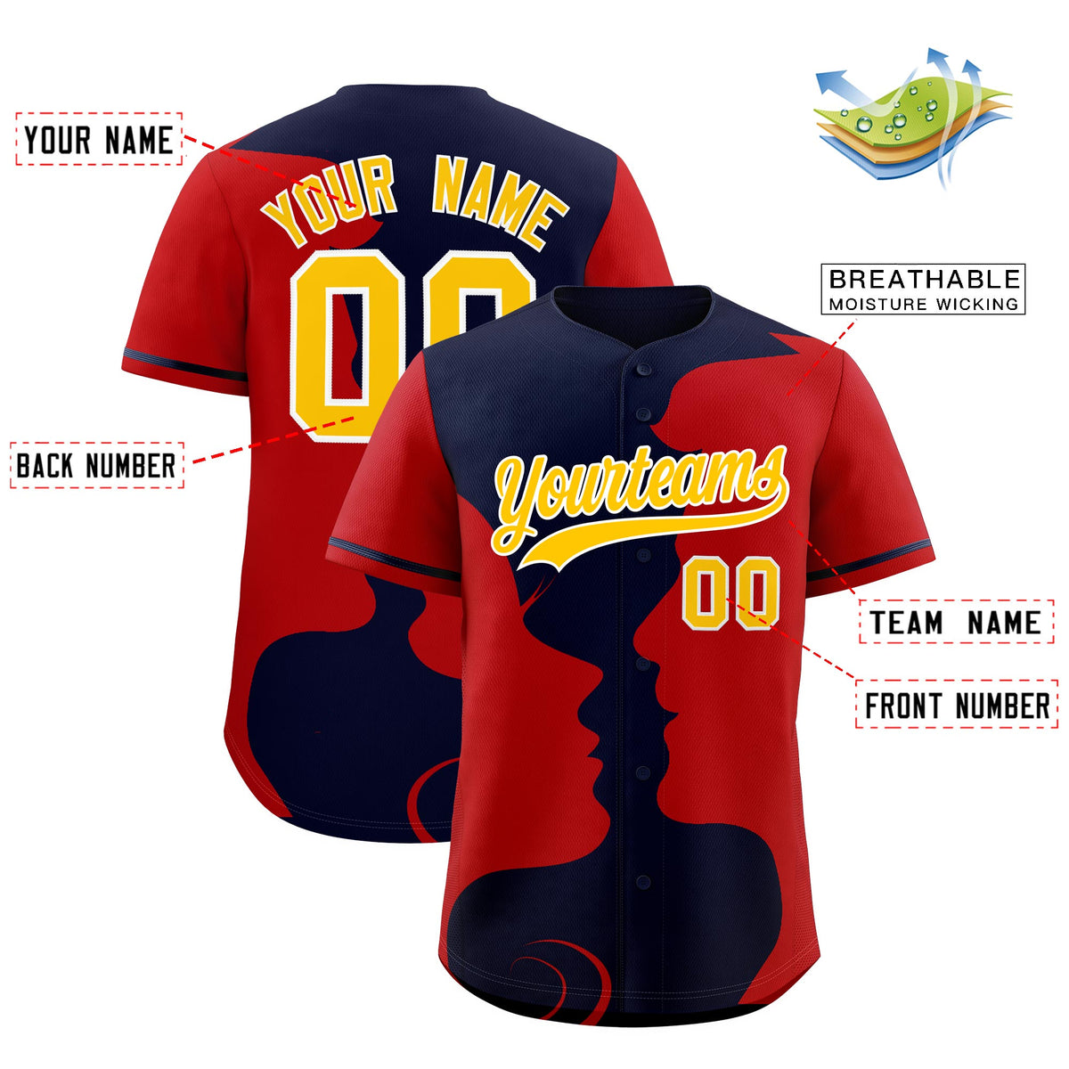 Custom Navy Red Silhouettes of Loving Couple Valentine's Day Baseball Jersey| KXKSHOP