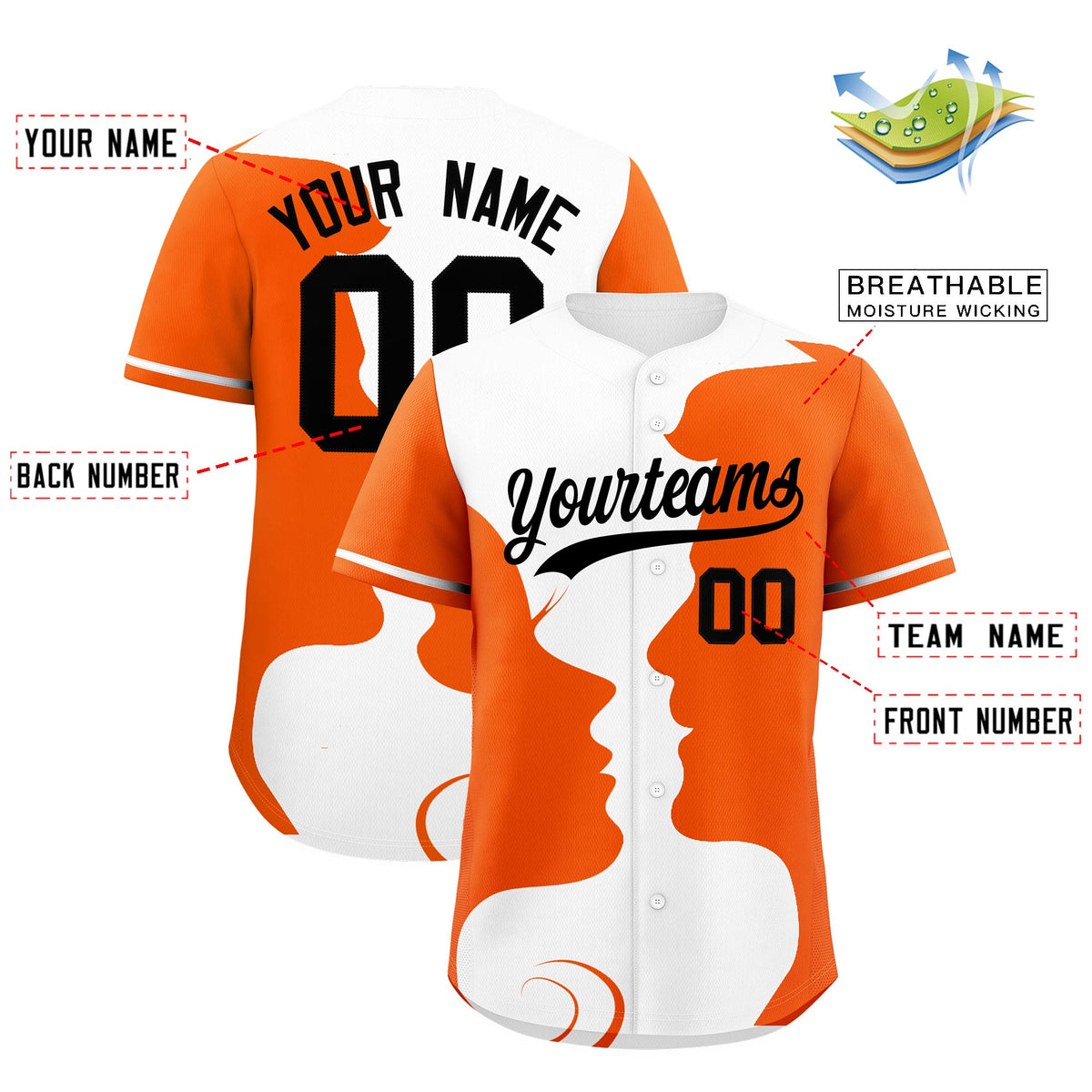 Custom White Orange Silhouettes of Loving Couple Valentine's Day Baseball Jersey| KXKSHOP