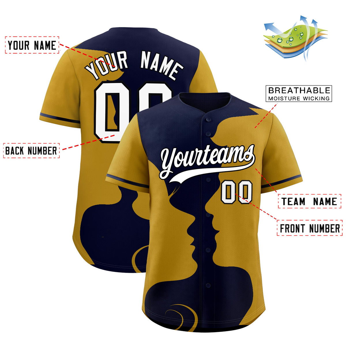 Custom Navy Old Gold Silhouettes of Loving Couple Valentine's Day Baseball Jersey| KXKSHOP