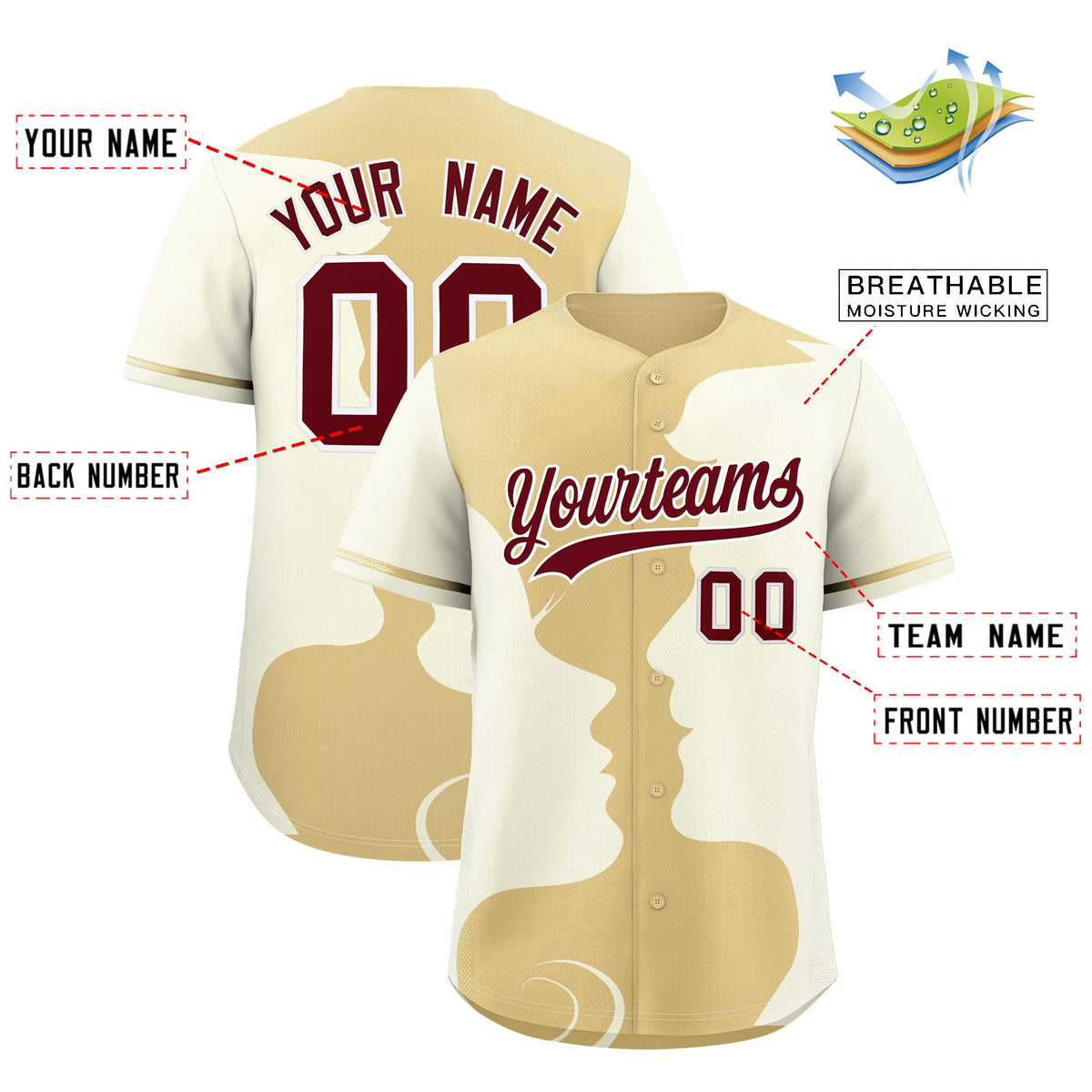 Custom Khaki Cream Silhouettes of Loving Couple Valentine's Day Baseball Jersey| KXKSHOP