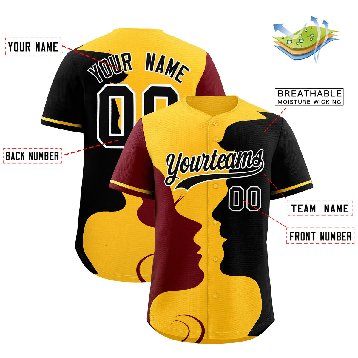 Custom Gold Crimson Black Silhouettes of Loving Couple Valentine's Day Baseball Jersey| KXKSHOP