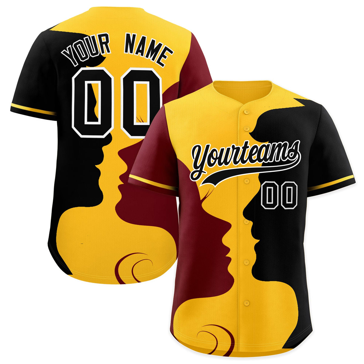 Custom Gold Crimson Black Silhouettes of Loving Couple Valentine's Day Baseball Jersey| KXKSHOP