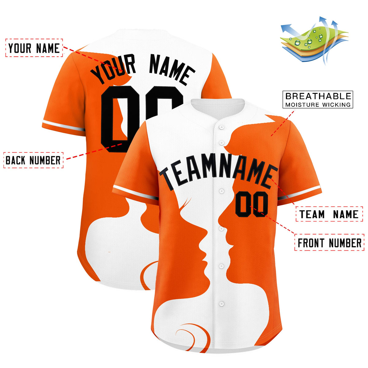 Custom White Orange Silhouettes of Loving Couple Valentine's Day Baseball Jersey| KXKSHOP