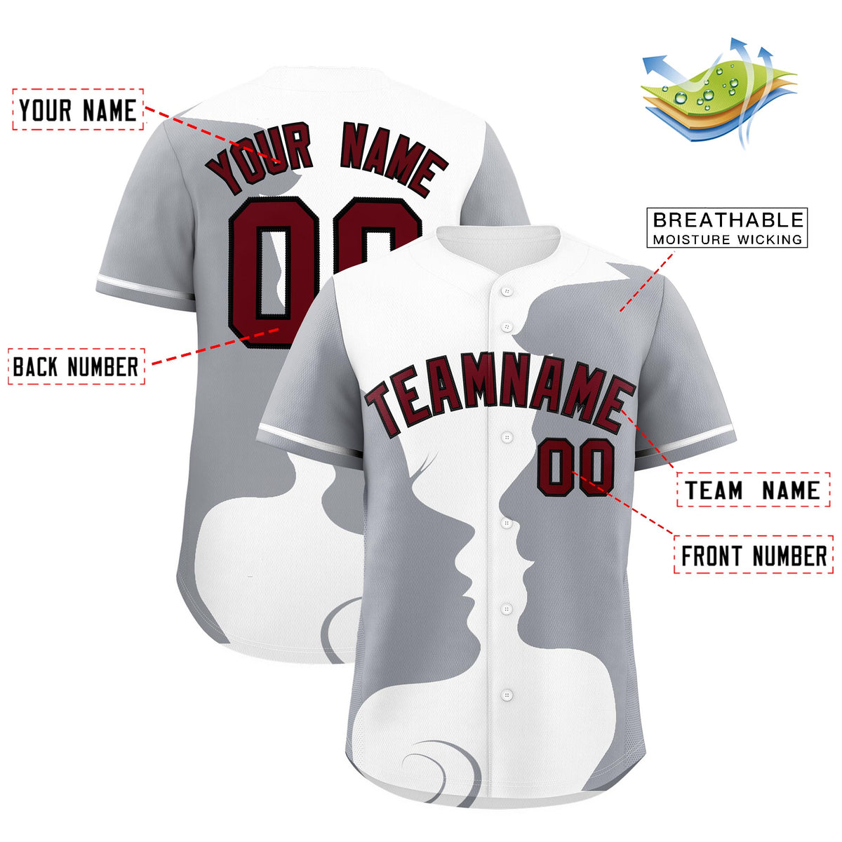 Custom Gray White Silhouettes of Loving Couple Valentine's Day Baseball Jersey| KXKSHOP