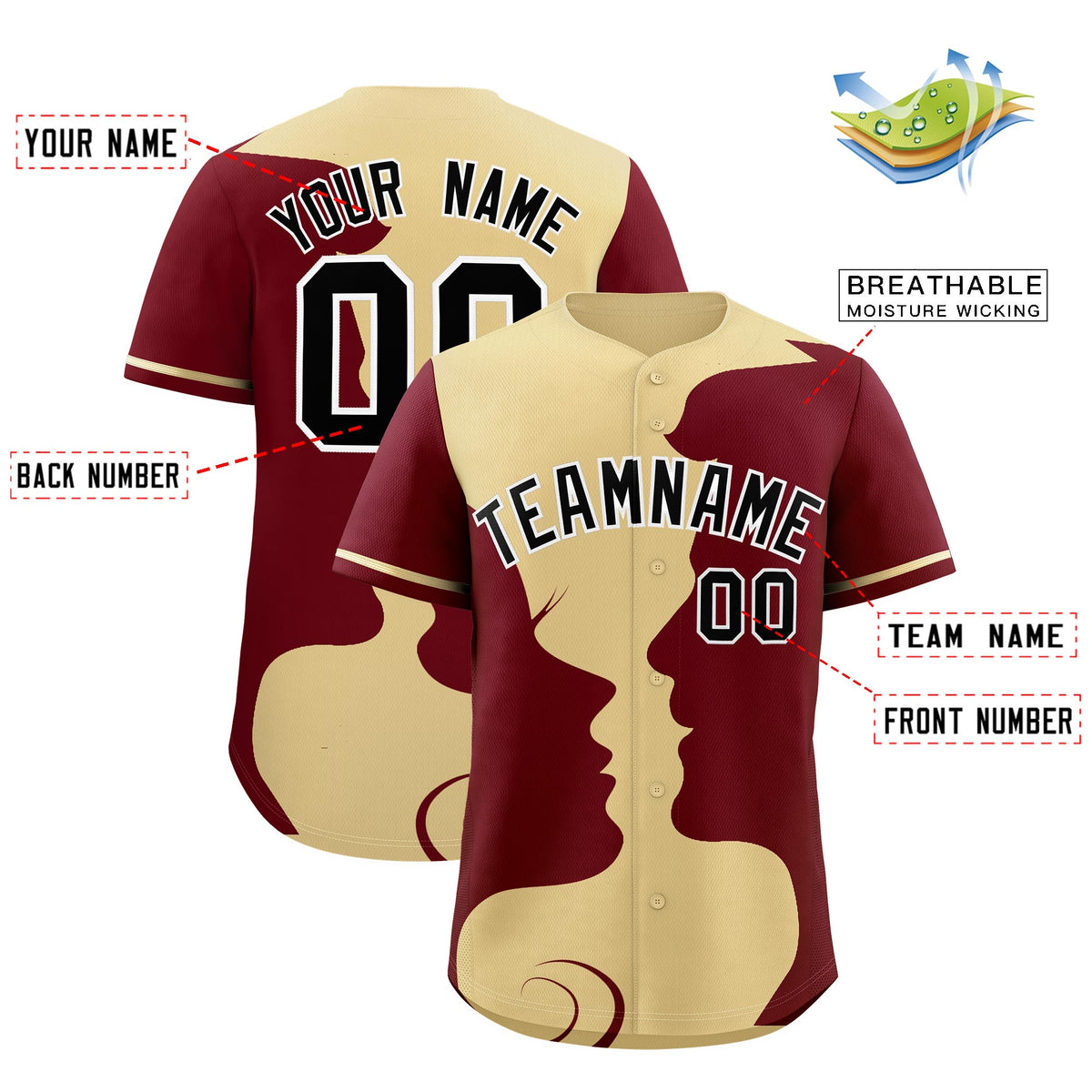 Custom Khaki Crimson Silhouettes of Loving Couple Valentine's Day Baseball Jersey| KXKSHOP