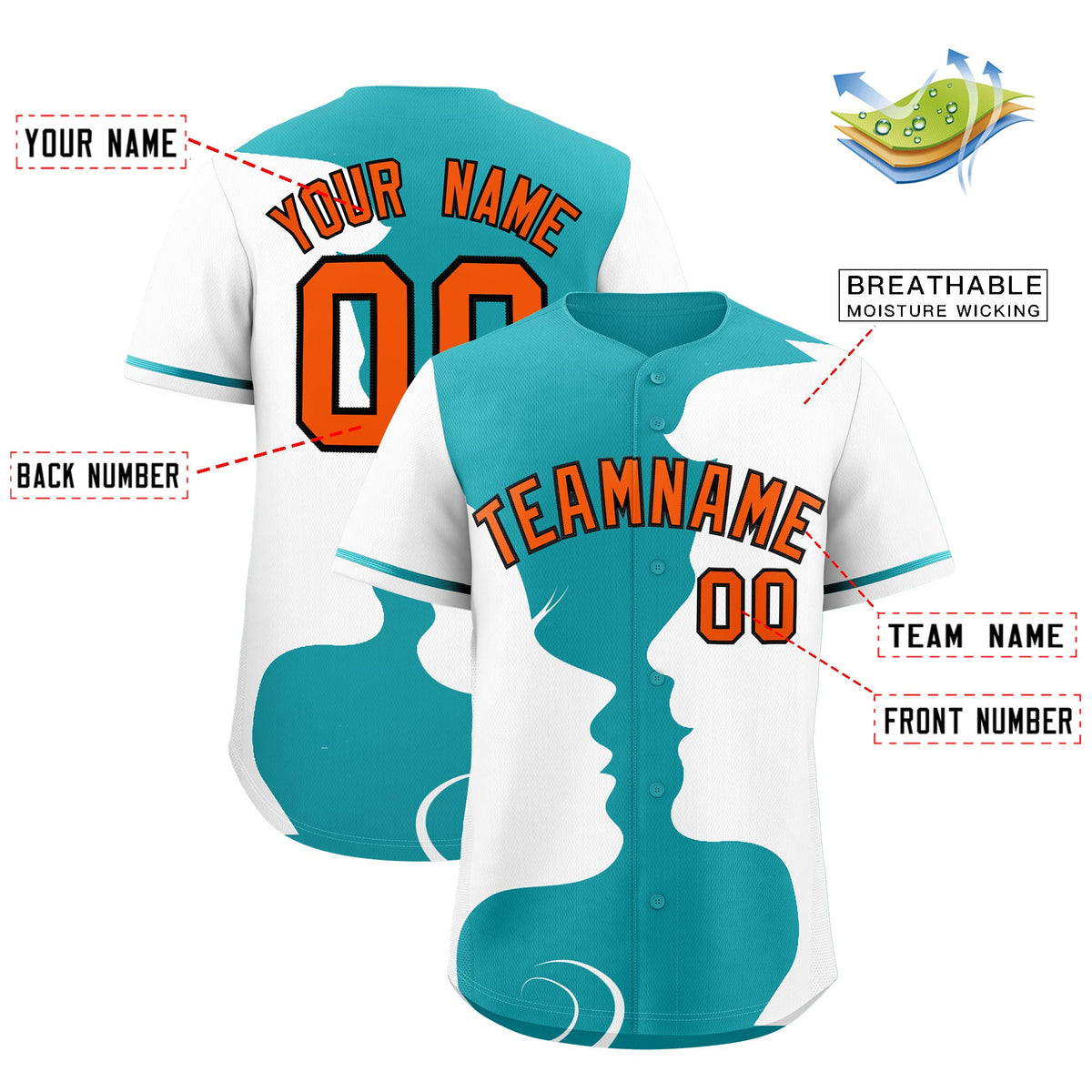 Custom Teal White Silhouettes of Loving Couple Valentine's Day Baseball Jersey| KXKSHOP