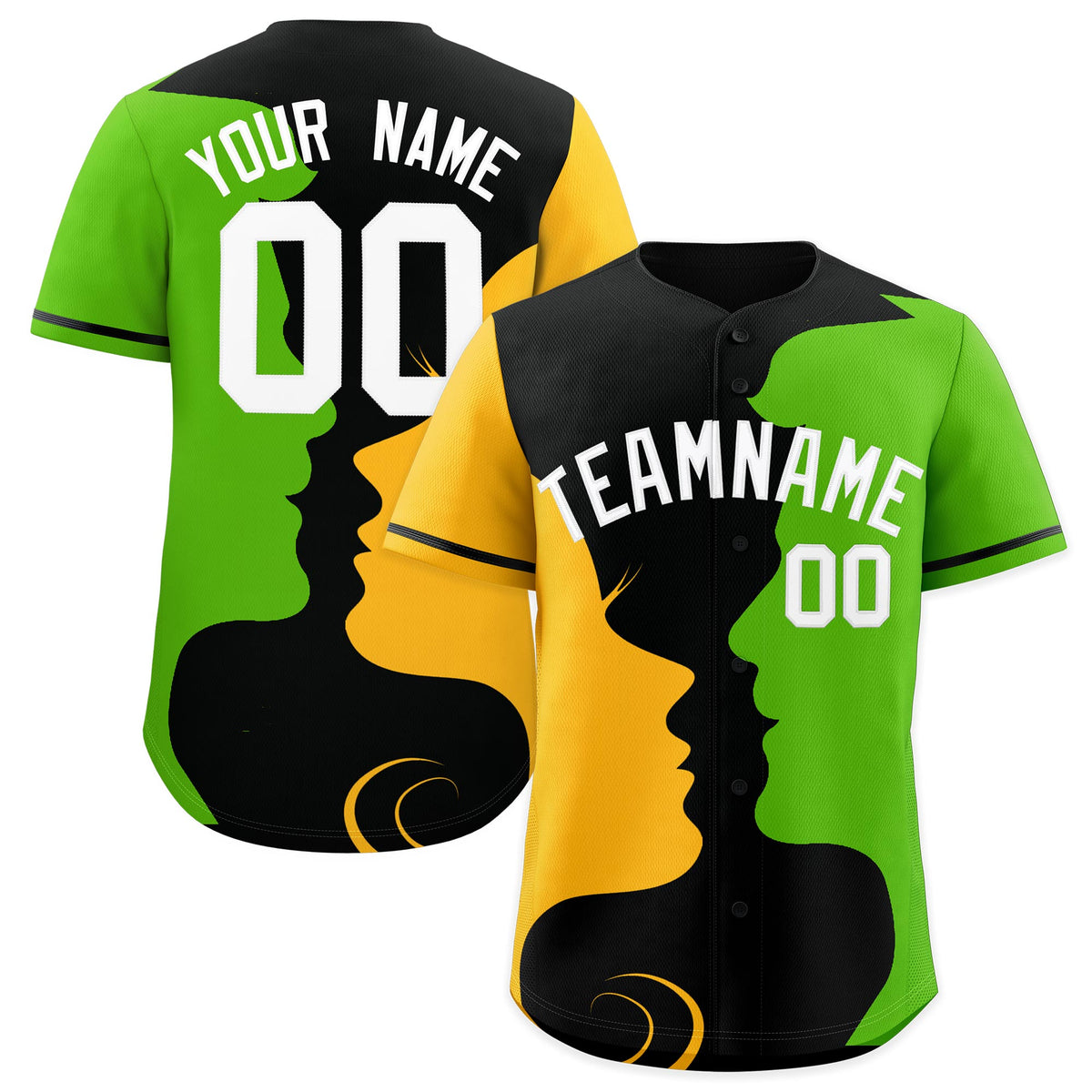 Custom Black Gold Neon Green Silhouettes of Loving Couple Valentine's Day Baseball Jersey| KXKSHOP