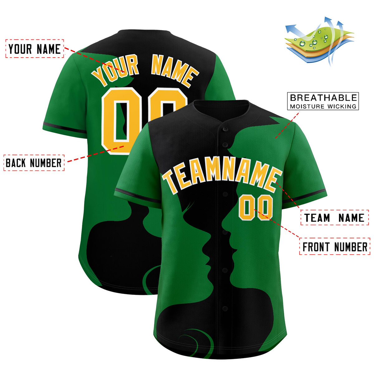 Custom Black Kelly Green Silhouettes of Loving Couple Valentine's Day Baseball Jersey| KXKSHOP