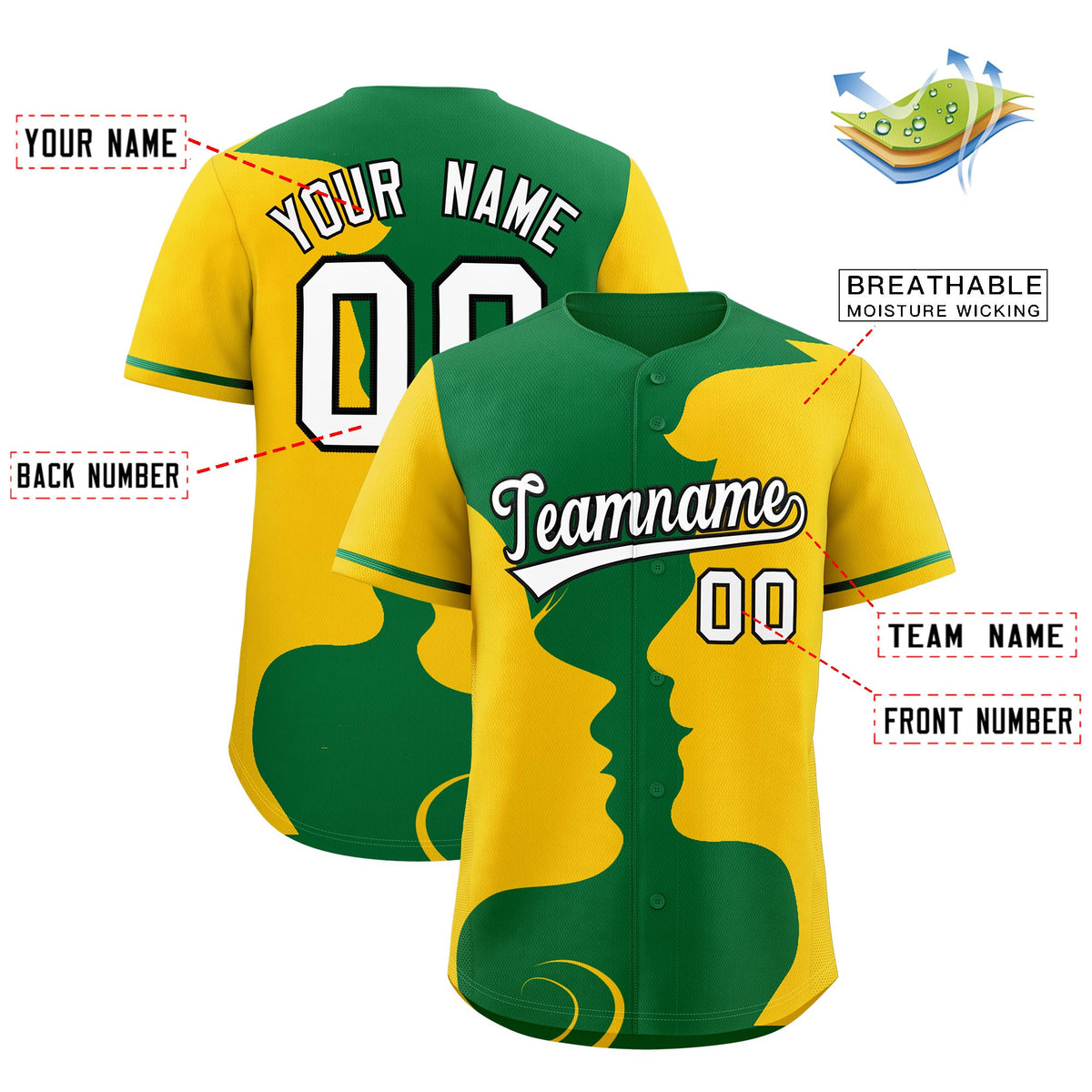Custom Kelly Green Gold Silhouettes of Loving Couple Valentine's Day Baseball Jersey| KXKSHOP