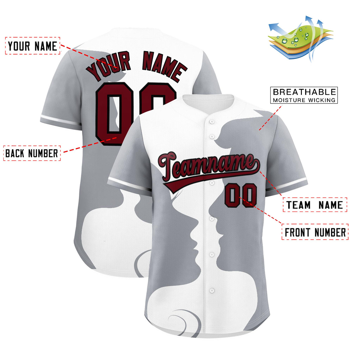 Custom Gray White Silhouettes of Loving Couple Valentine's Day Baseball Jersey| KXKSHOP