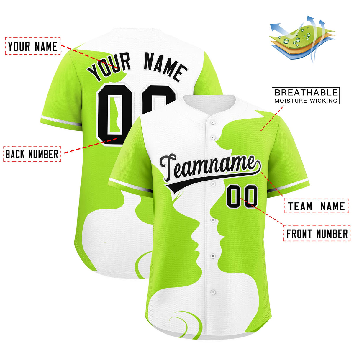 Custom White Neon Green Silhouettes of Loving Couple Valentine's Day Baseball Jersey| KXKSHOP