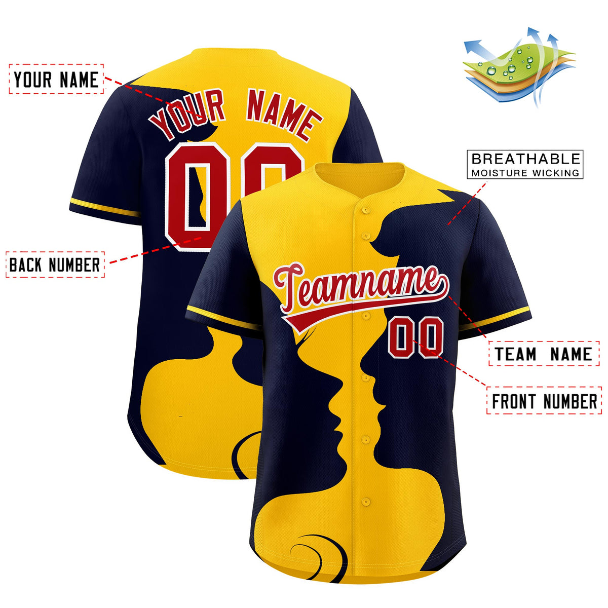 Custom Gold Navy Silhouettes of Loving Couple Valentine's Day Baseball Jersey| KXKSHOP
