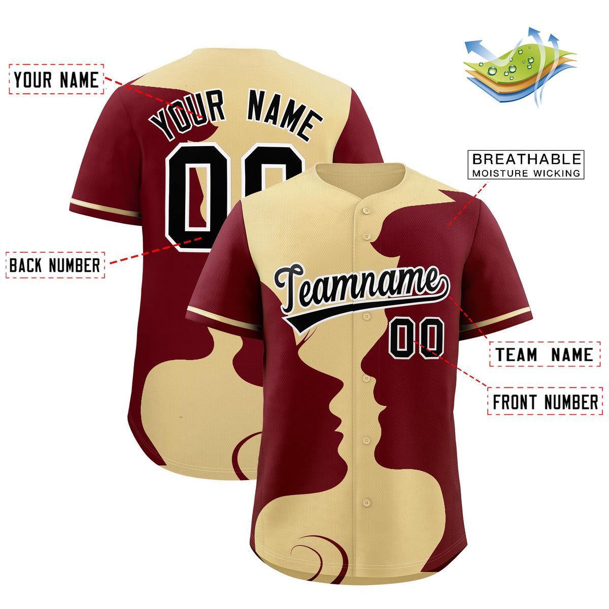 Custom Khaki Crimson Silhouettes of Loving Couple Valentine's Day Baseball Jersey| KXKSHOP