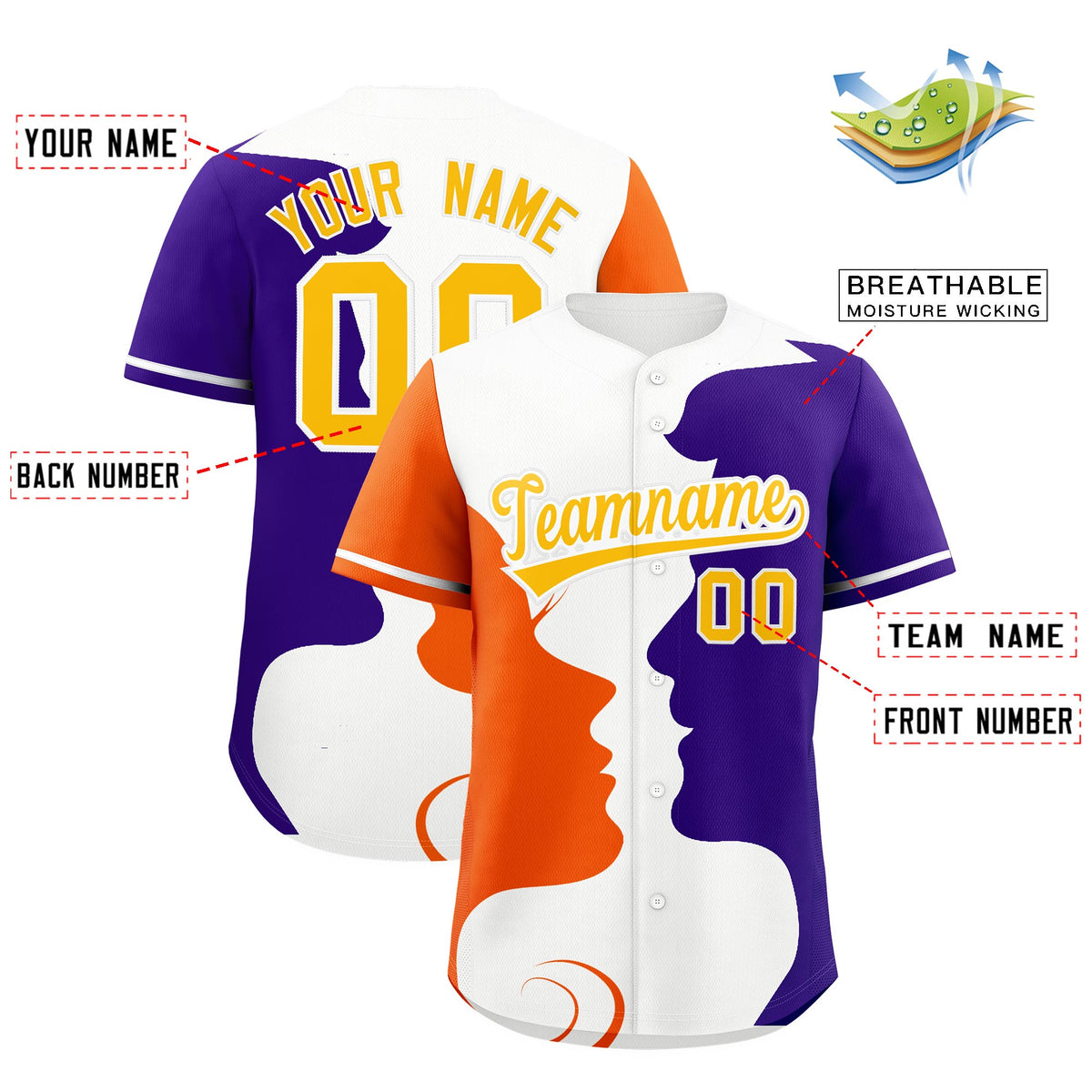 Custom White Orange Purple Silhouettes of Loving Couple Valentine's Day Baseball Jersey| KXKSHOP