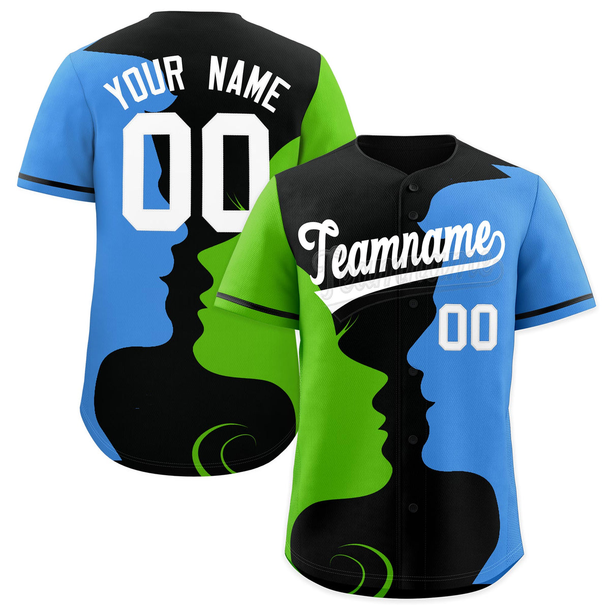 Custom Black Green Powder Blue Silhouettes of Loving Couple Valentine's Day Baseball Jersey| KXKSHOP
