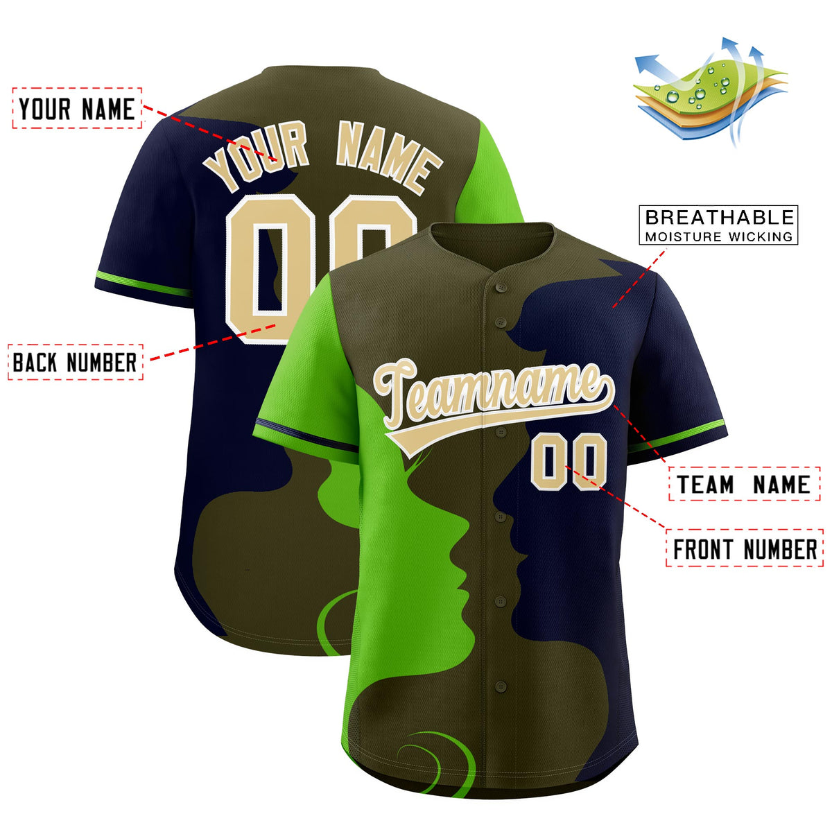 Custom Green Navy Silhouettes of Loving Couple Valentine's Day Baseball Jersey| KXKSHOP