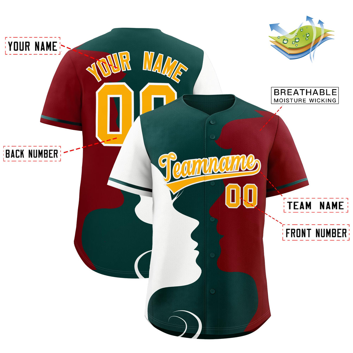 Custom Teal White Crimson Silhouettes of Loving Couple Valentine's Day Baseball Jersey| KXKSHOP