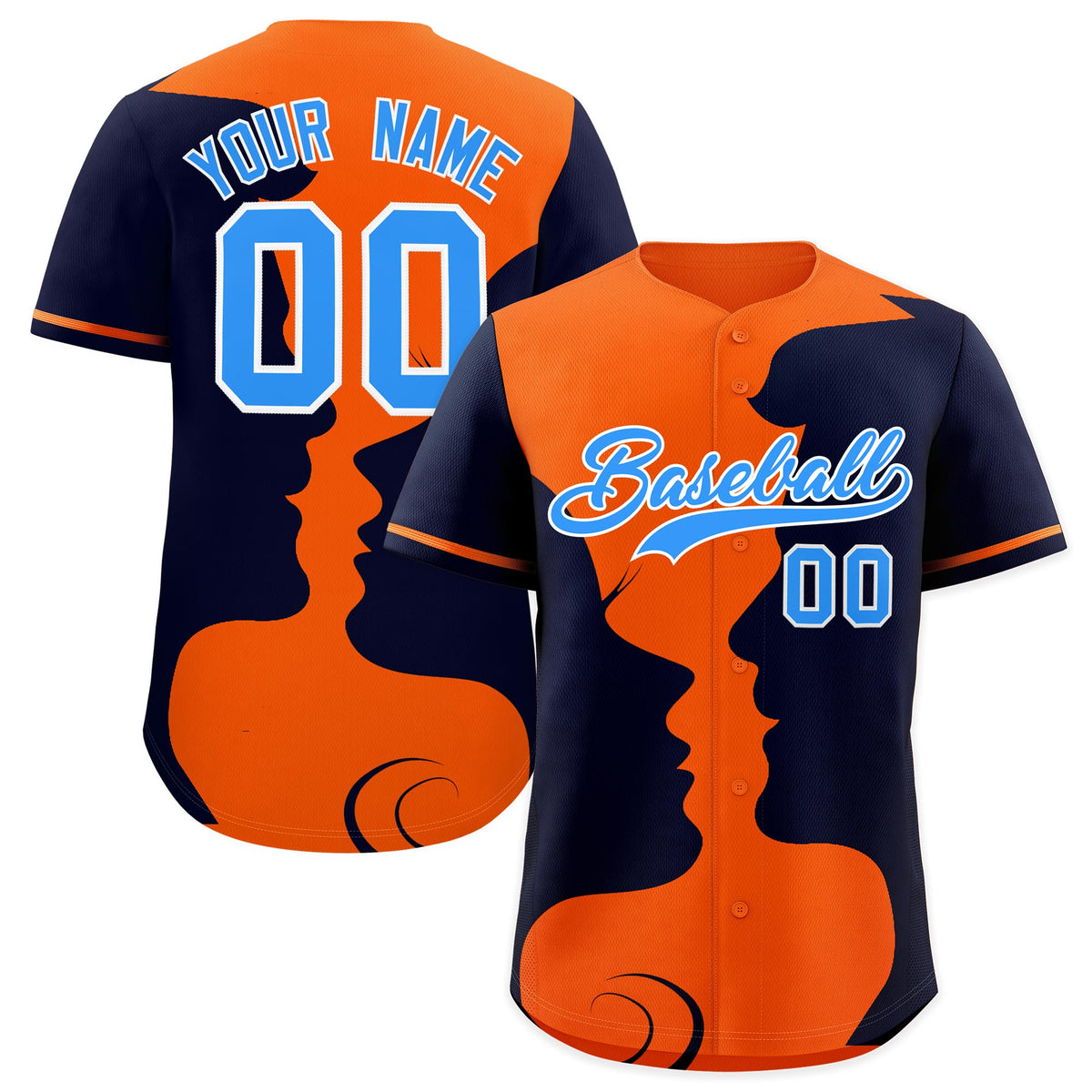Custom Orange Navy Silhouettes of Loving Couple Valentine's Day Baseball Jersey| KXKSHOP
