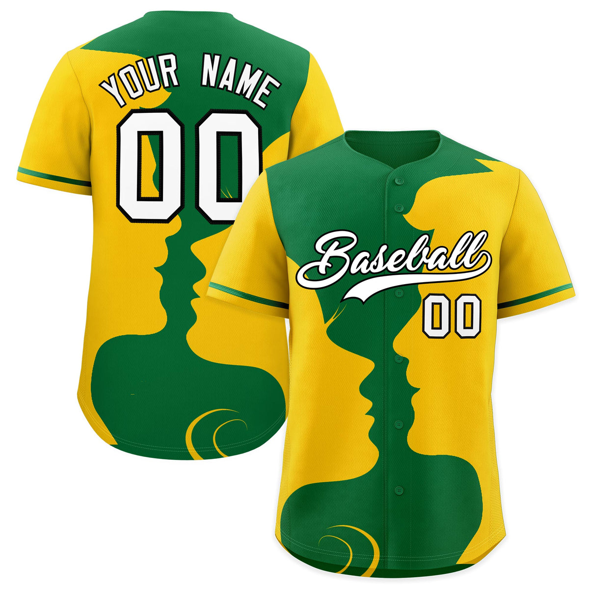 Custom Kelly Green Gold Silhouettes of Loving Couple Valentine's Day Baseball Jersey| KXKSHOP