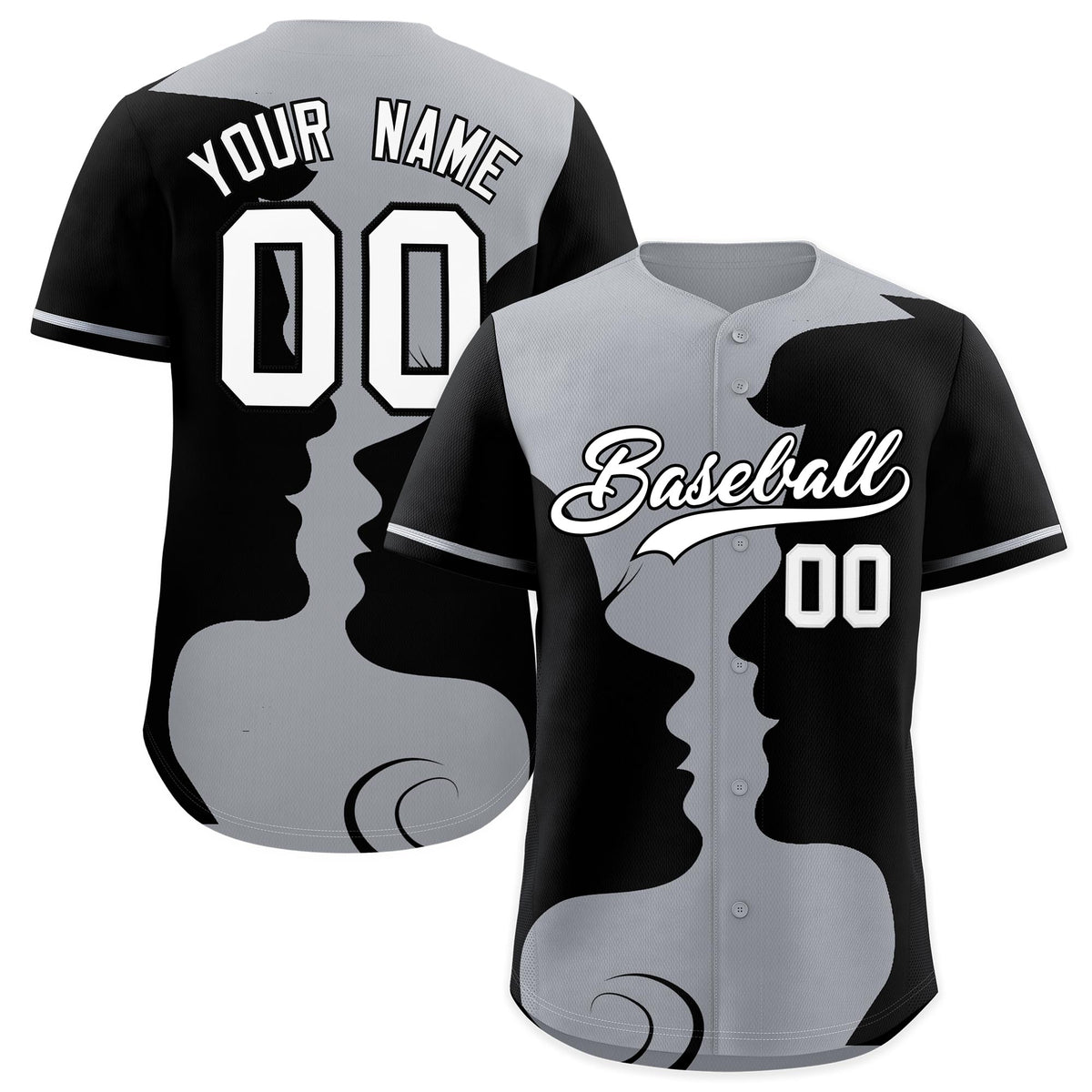 Custom Silver Gray Black Silhouettes of Loving Couple Valentine's Day Baseball Jersey| KXKSHOP