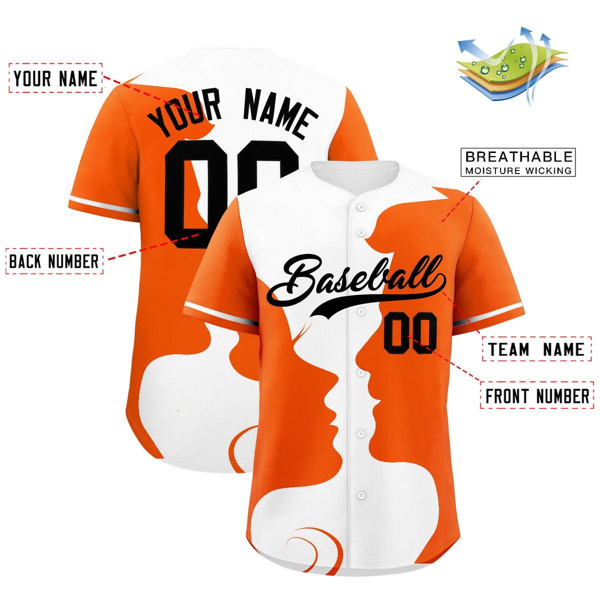 Custom White Orange Silhouettes of Loving Couple Valentine's Day Baseball Jersey| KXKSHOP