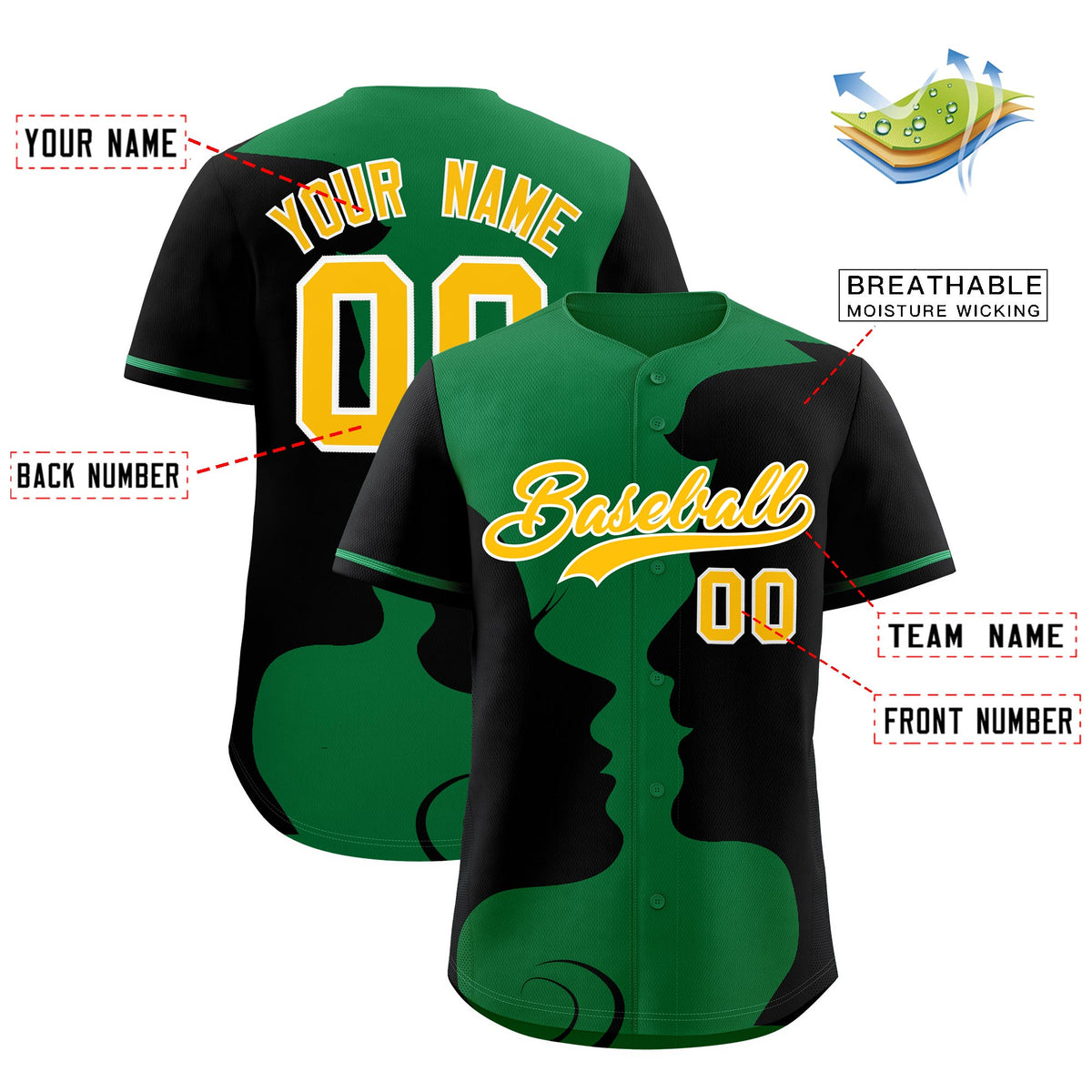 Custom Kelly Green Black Silhouettes of Loving Couple Valentine's Day Baseball Jersey| KXKSHOP