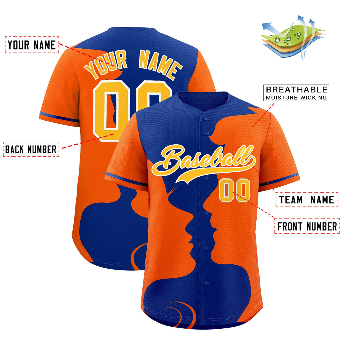 Custom Royal Orange Silhouettes of Loving Couple Valentine's Day Baseball Jersey| KXKSHOP